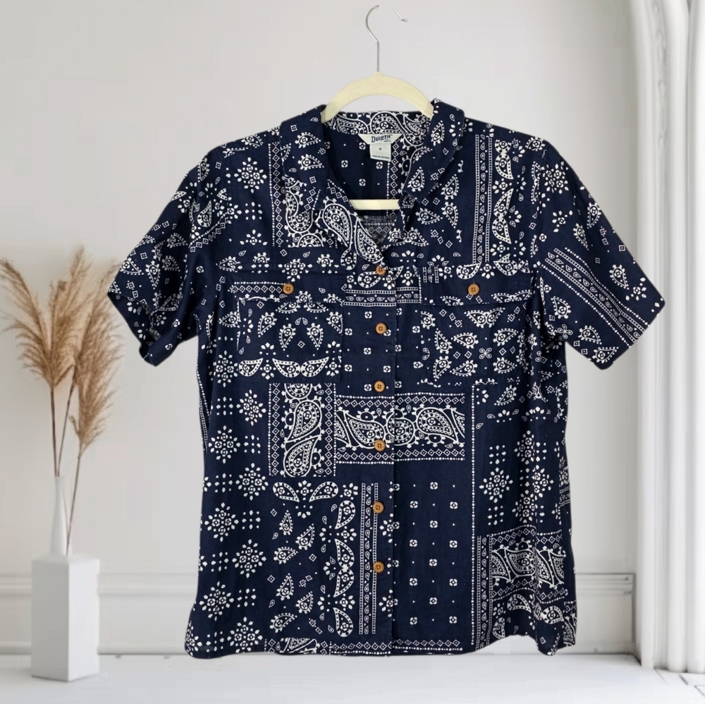 Duluth Trading Bandana Print Natural‎ Fabric Short-Sleeve Shirt Women's Sz Small
